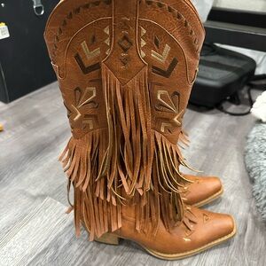Fringed Brown Western Boots cowgirl square toe leather women’s size 6 never worn